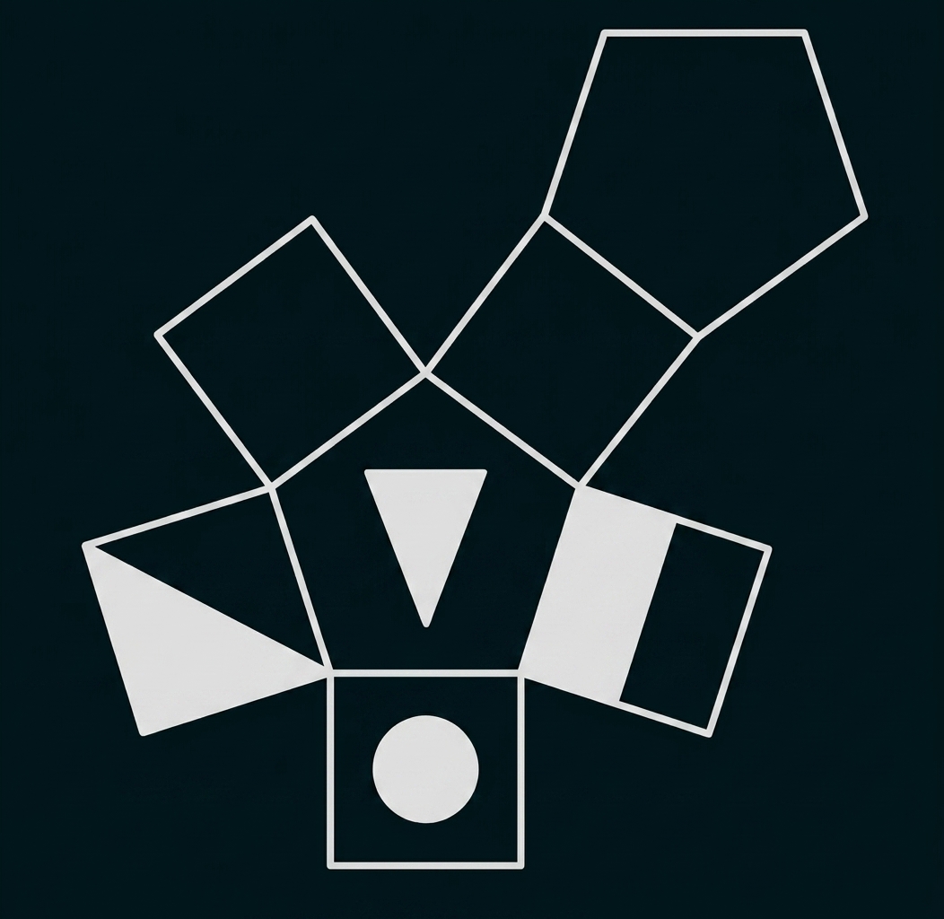 Geometrische Figuren mit Quadraten, Fünfecken und Dreiecken in einer abstrakten Anordnung